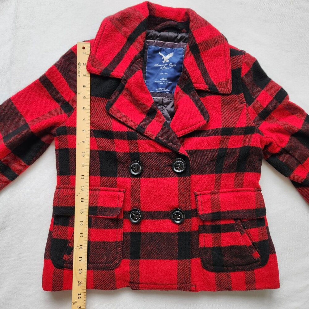 American Eagle Red Black Plaid Wool Peacoat Fall Winter Preppy Cabincore Cozy - Picture 10 of 11
